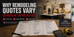 Remodeling quote comparison for Metro East homeowners showing contractor estimates, scope differences, and a modern kitchen remodel backdrop.