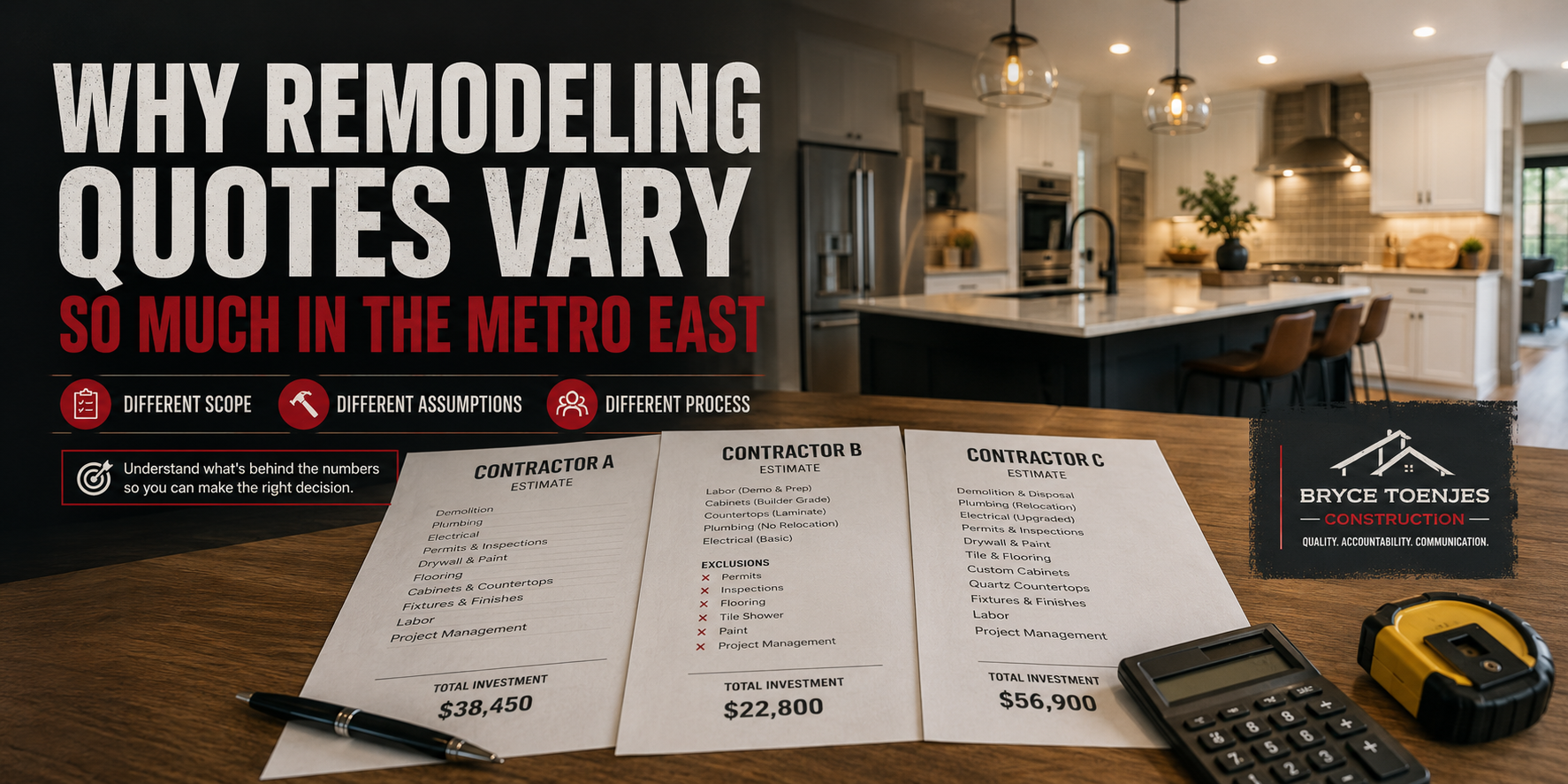 Remodeling quote comparison for Metro East homeowners showing contractor estimates, scope differences, and a modern kitchen remodel backdrop.
