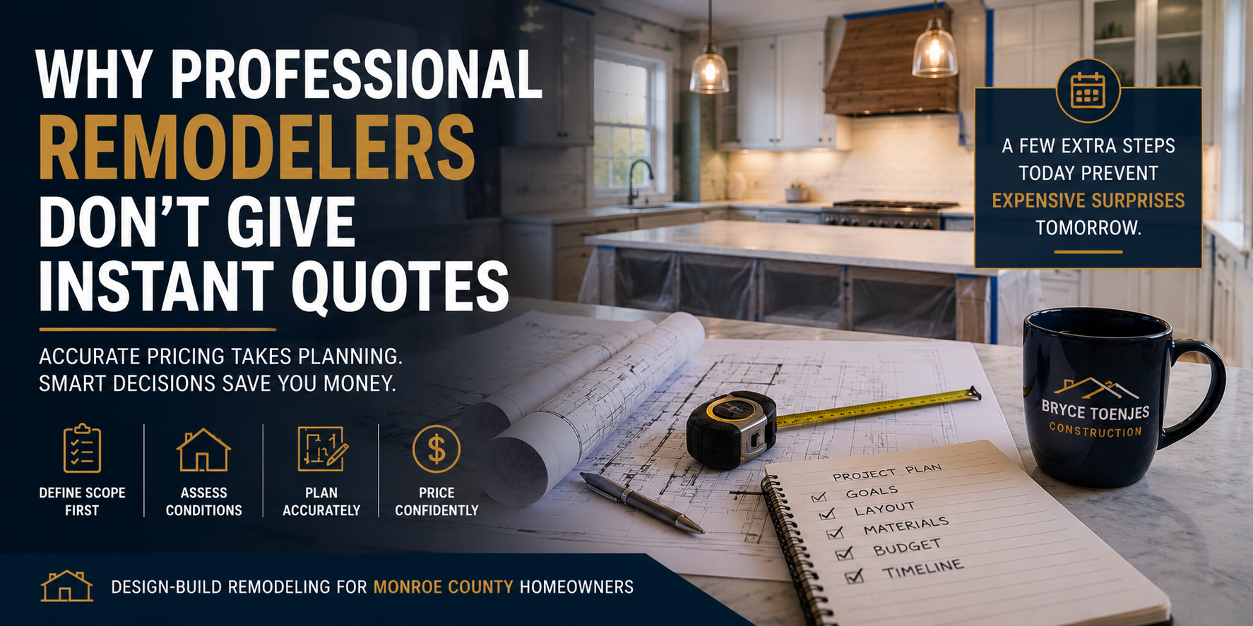 Professional kitchen remodel planning scene with blueprints, project checklist, and bold text explaining why professional remodelers don’t give instant quotes.