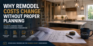 Modern kitchen remodel under construction with architectural plans and bold text overlay about remodel planning services for Monroe County homeowners.