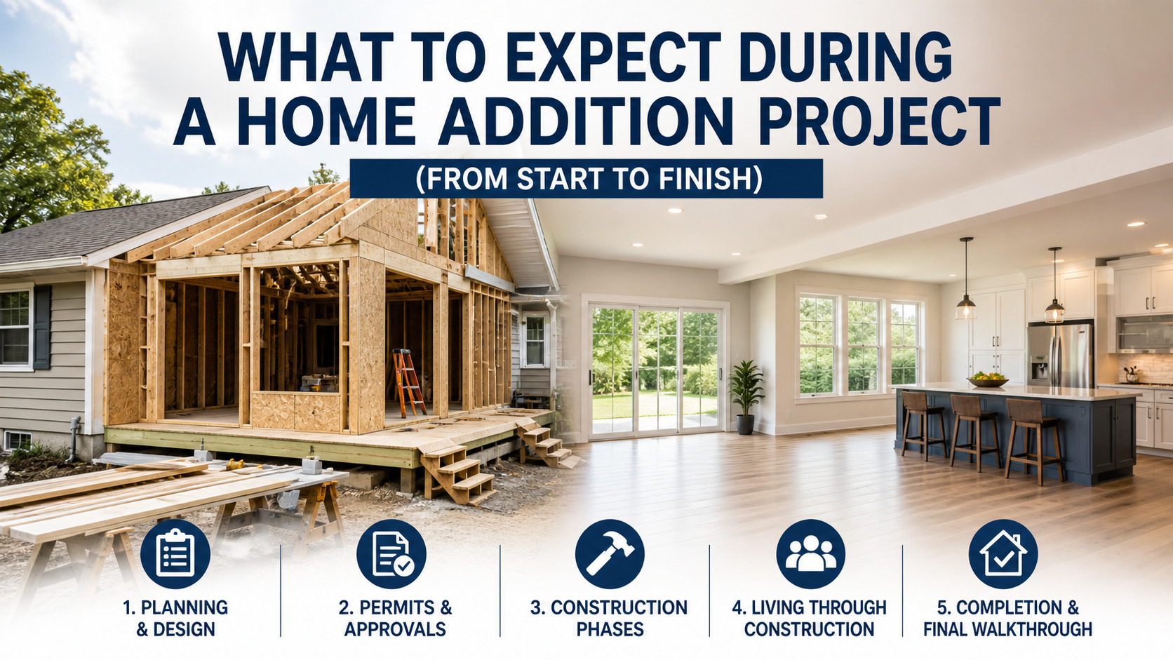 Split-view scene: left side shows a wooden-framed home addition under construction, right side a finished open-plan kitchen and living area; large title reads, 'What to Expect During a Home Addition Project (From Start to Finish)'.