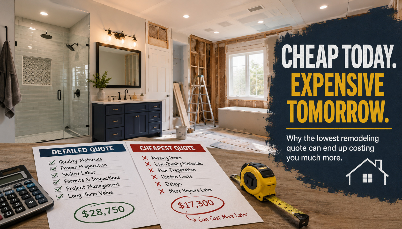 Renovation scene in a bathroom with a glass shower, vanity, and a bold wall sign: "CHEAP TODAY. EXPENSIVE TOMORROW." beside two contractor quotes sheets.