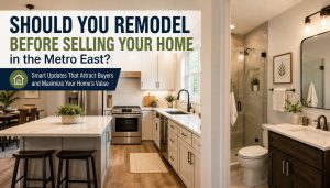 Modern kitchen and bathroom remodel showcasing stylish fixtures and design, promoting Bryce Toenjes Construction services in Monroe County, encouraging homeowners to consider remodeling before selling.