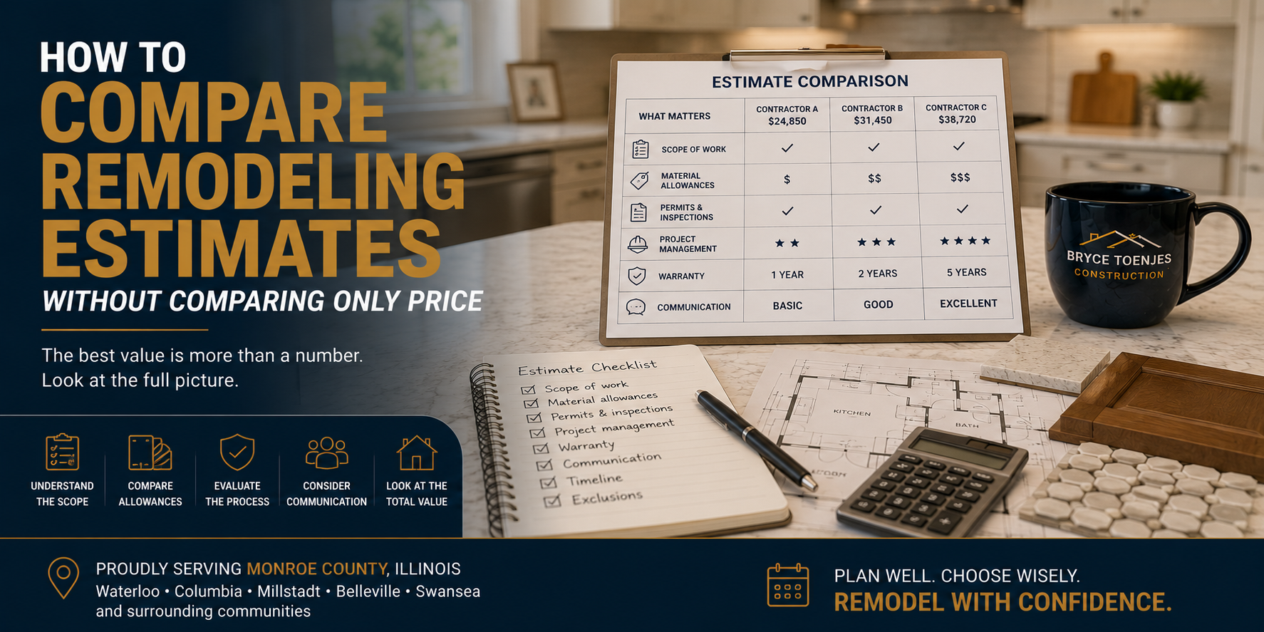 Compare remodeling estimates checklist with contractor bid comparison, project plans, and material samples for a residential remodeling project in Monroe County, Illinois.