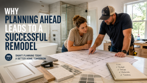 Bryce Toenjes Construction: Homeowners reviewing bathroom remodel plans with their contractor in Monroe County, Illinois.