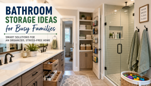 Bathroom remodel with storage solutions by Bryce Toenjes Construction in Monroe County.