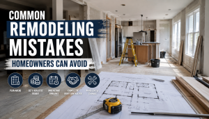 Bryce Toenjes Construction: Kitchen remodeling in progress, blueprint and measuring tape, common remodeling mistakes in